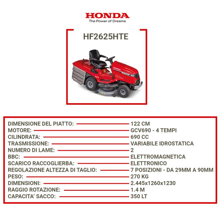 Trattorino Honda Piatto da 122cm HF2625HTE e Scarico Elettrico + OMAGGIO