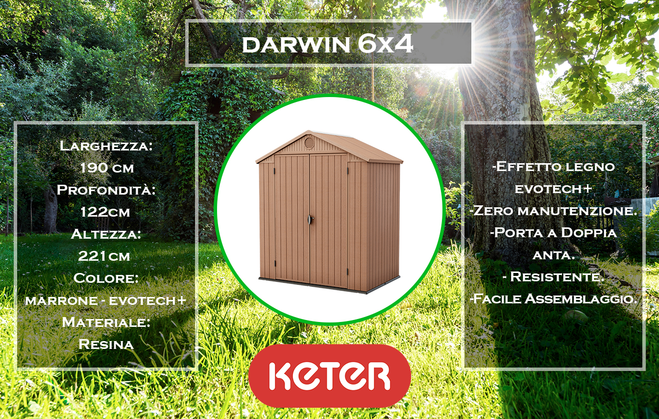 caratteristiche e dimensioni casetta da giardino keter darwin 6x4 marrone evotech