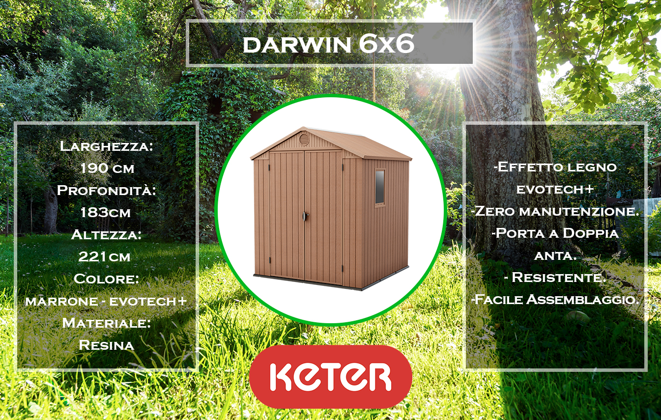 caratteristiche e dimensioni casetta da giardino keter darwin 6x6 marrone evotech