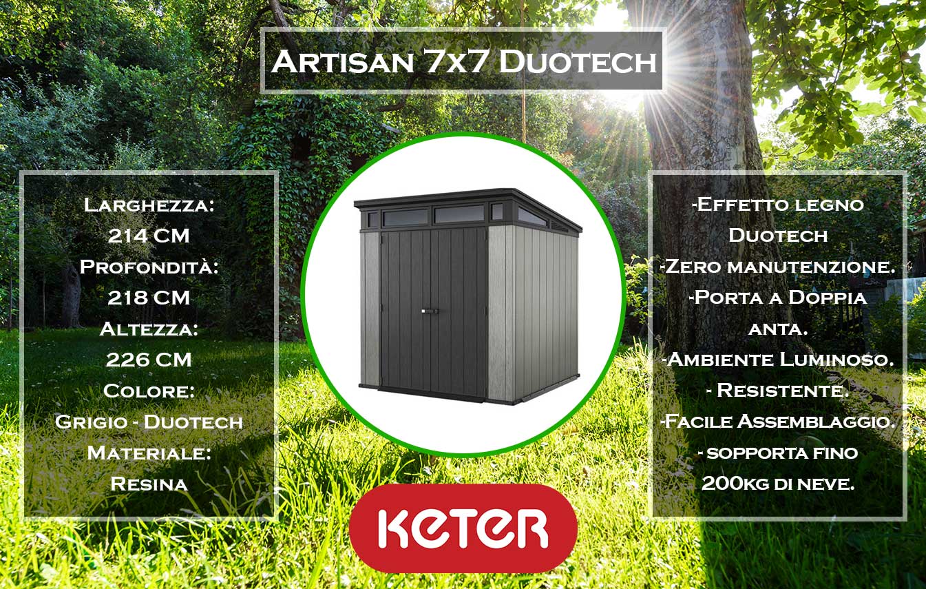 caratteristiche e dimensioni capannone da giardino keter artisan 7x7 grigio duotech