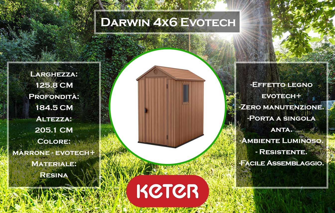 caratteristiche e dimensioni casetta da giardino keter darwin 4x6 marrone evotech