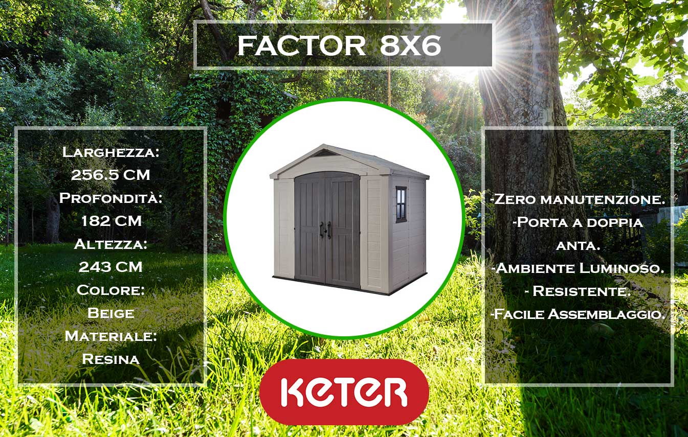 caratteristiche e dimensioni casetta da giardino factor 8x6 beige