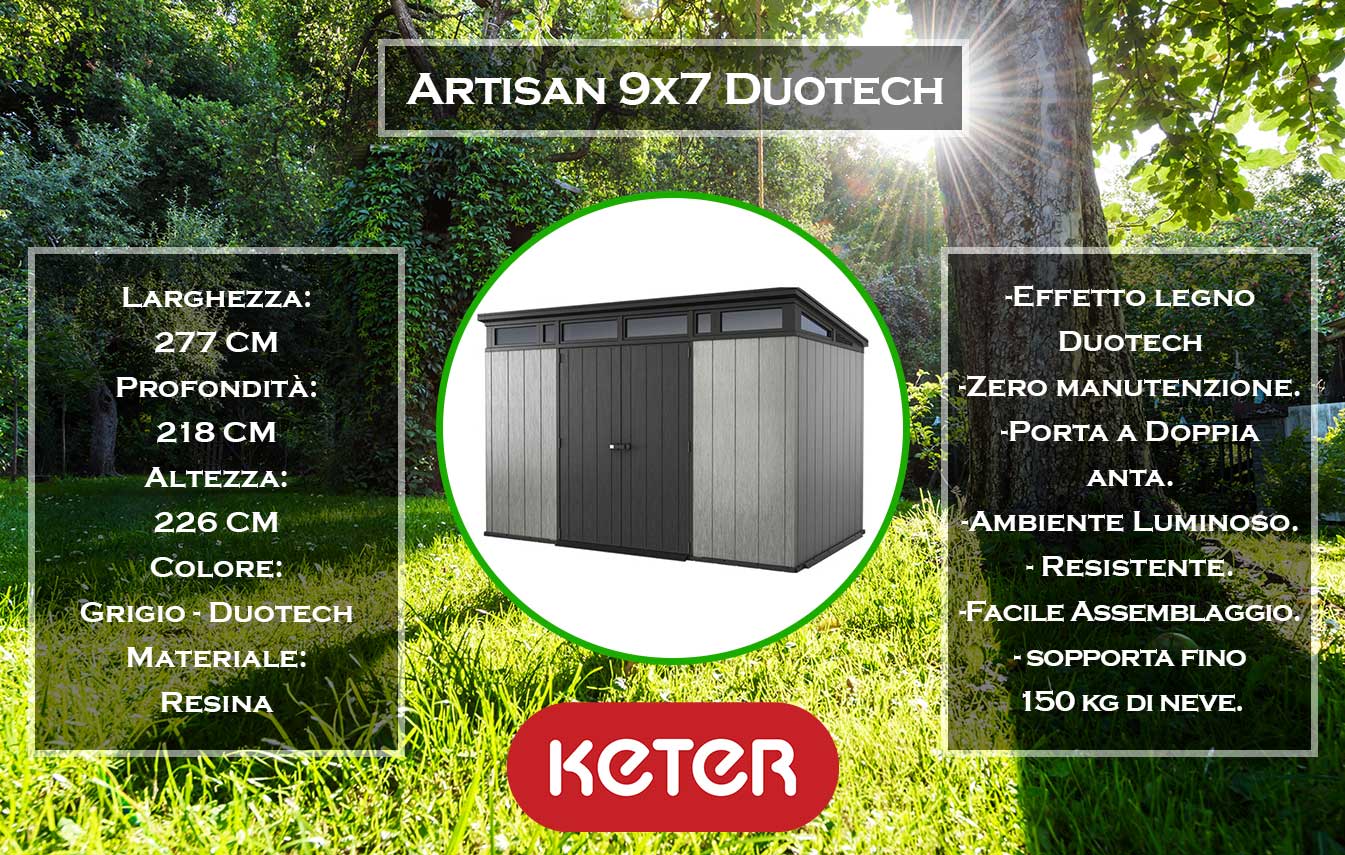  Caratteristiche e dimensioni capannone da giardino Keter Artisan 9x7 Grigio Duotech