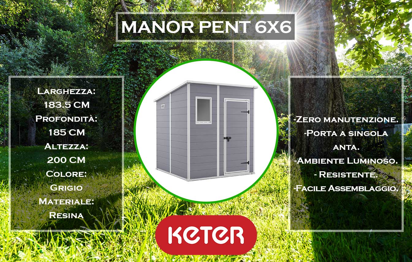 caratteristiche e dimensioni casetta da giardino keter manor pent 6x6 grigio