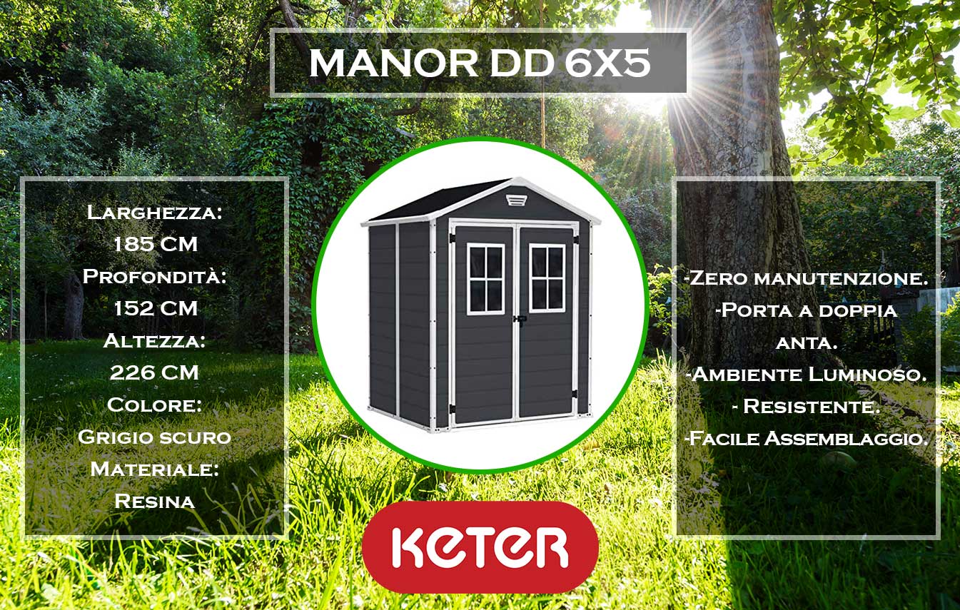 caratteristiche e dimensioni casetta da giardino keter manor dd 6x5 grigio scuro