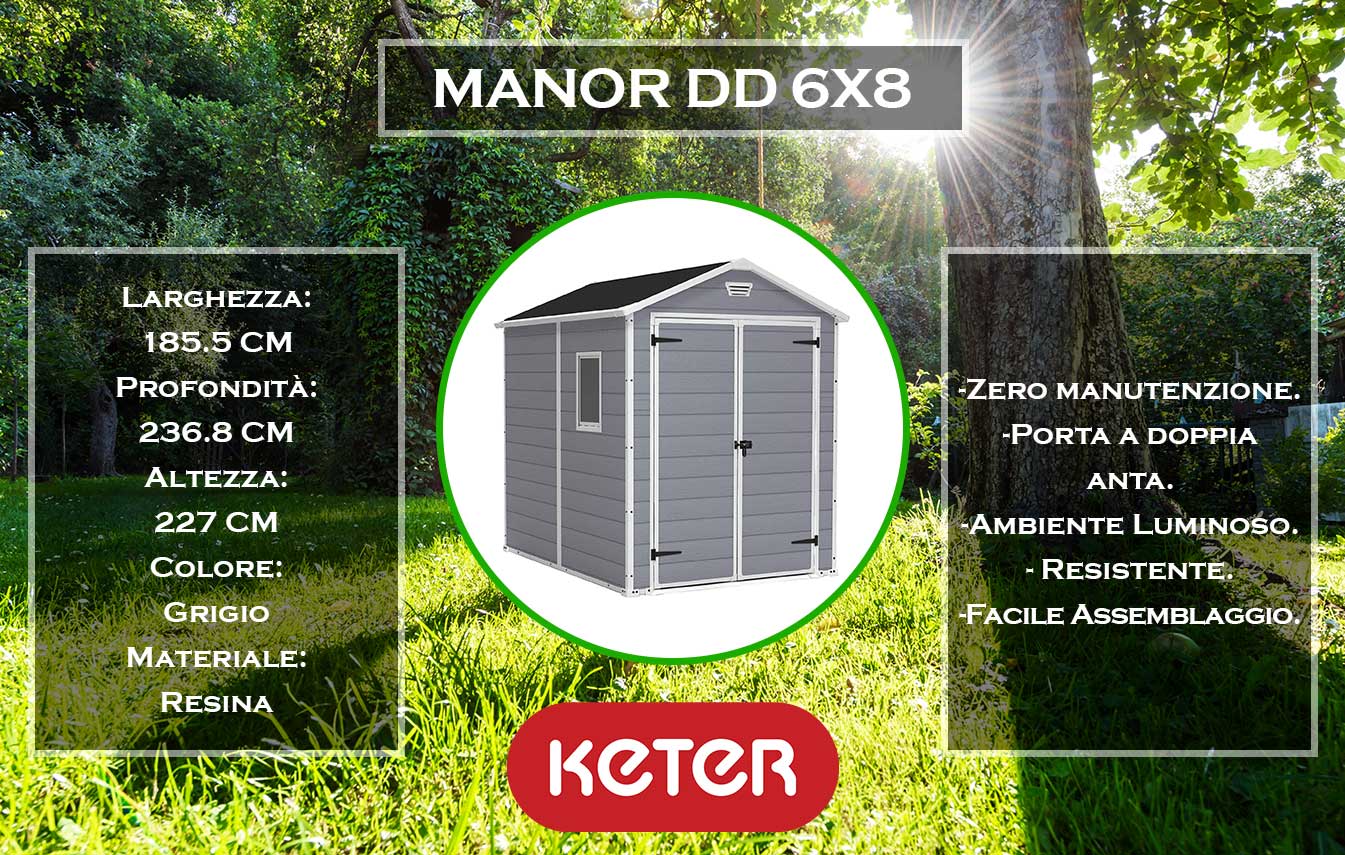 caratteristiche e dimensioni casetta da giardino keter manor dd 6x8 grigio
