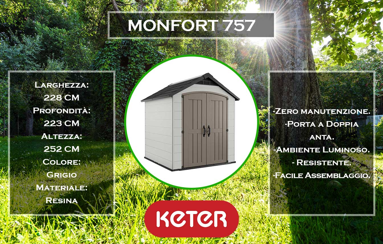Caratteristiche e dimensioni casetta da giardino Keter Monfort 757 grigio