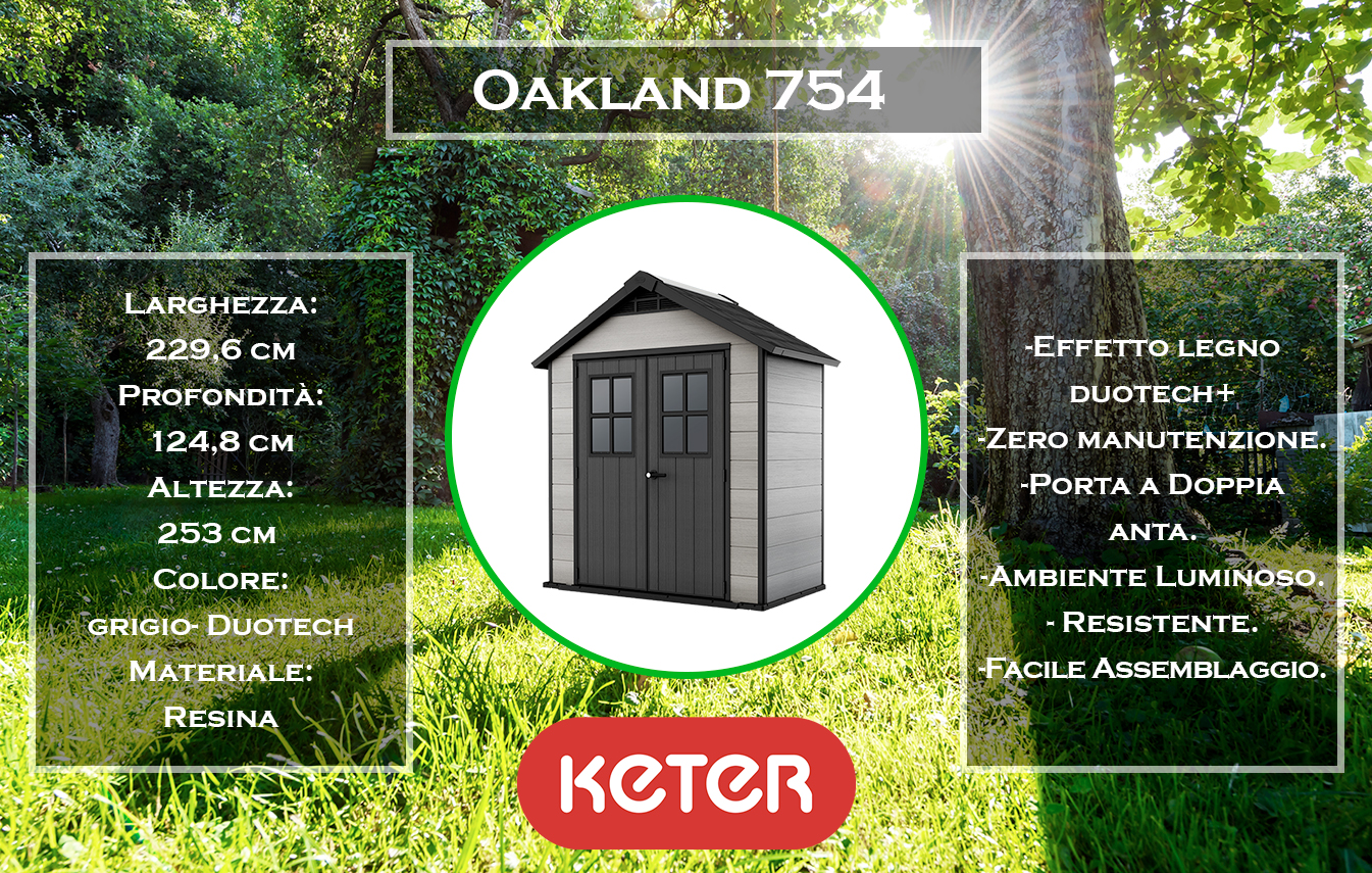 caratteristiche e dimensioni casetta da giardino keter oakland 754 duotech