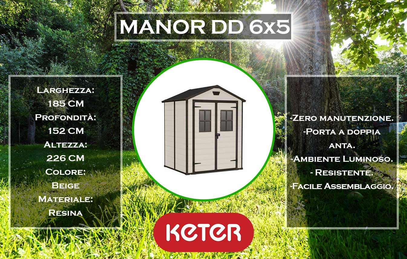 specifiche e dimensioni casetta da giardino manor 6x5 dd beige keter