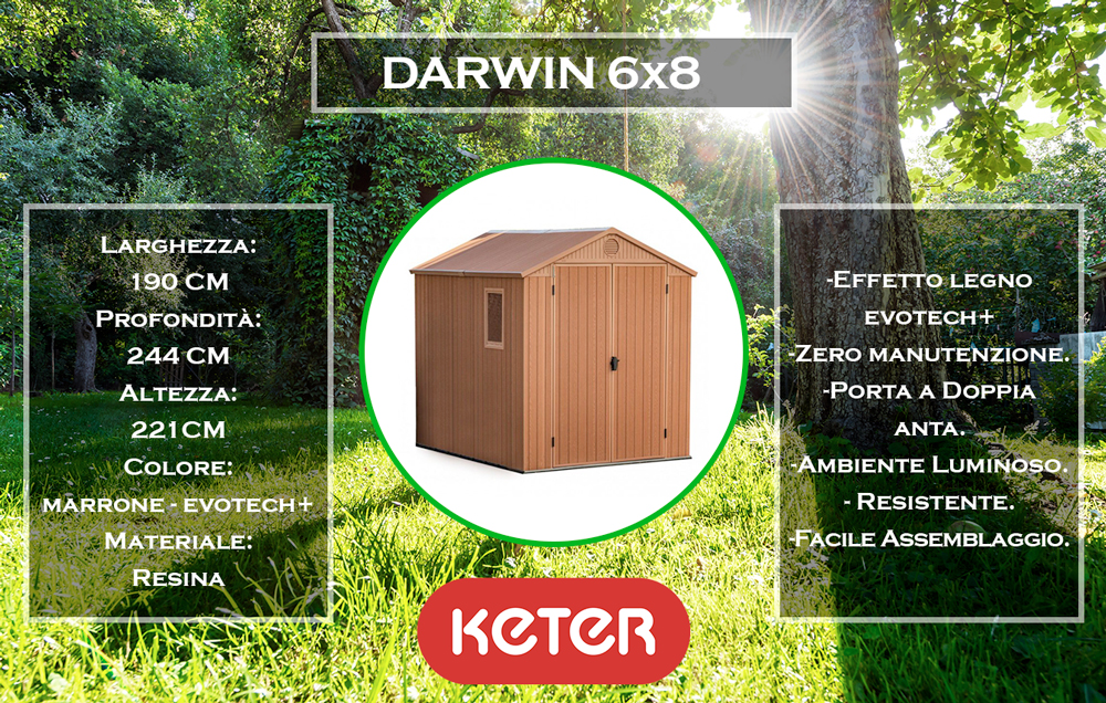 caratteristiche e dimensioni casetta da giardino keter darwin 6x8 marrone evotech
